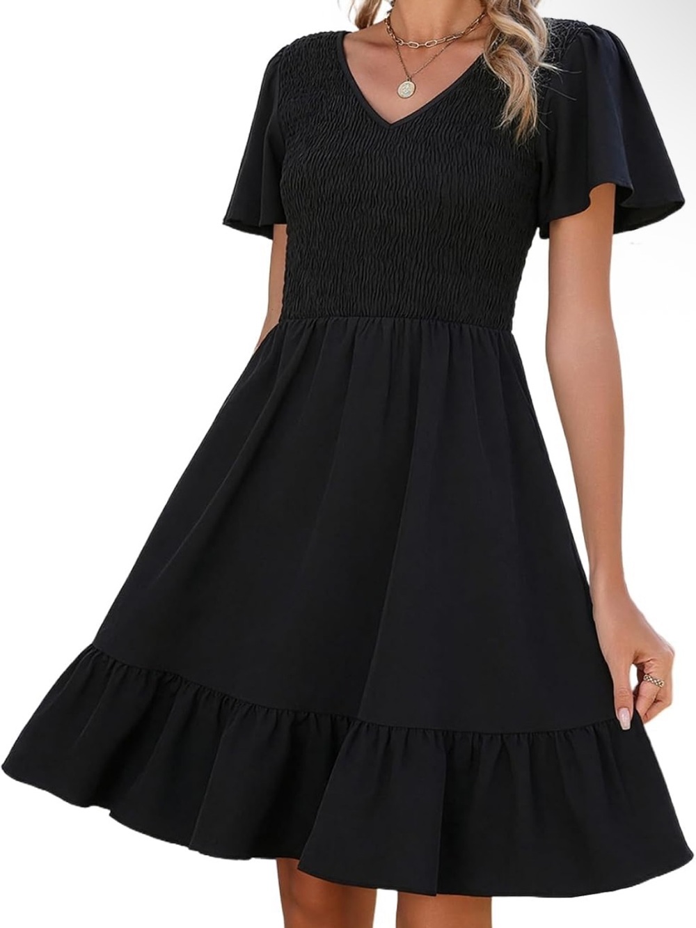 Black Summer Dress Flutter Sleeves Smocked V-Neck Tiered A-Line